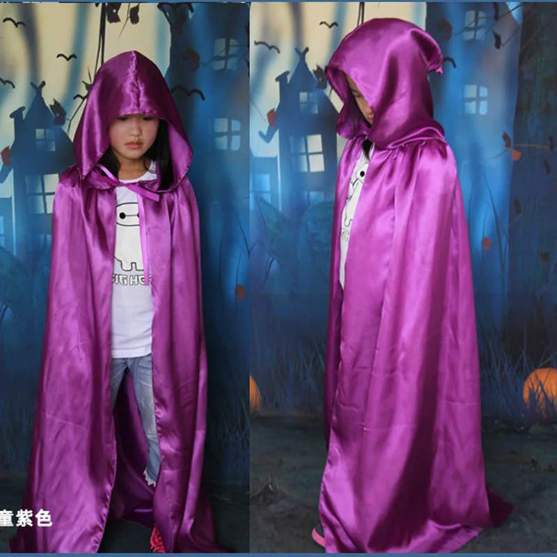 Children adult men boy girl Halloween cosplay satin red purple black witch cape death hoody cloack with hat 60-170cm 7 sizes kid