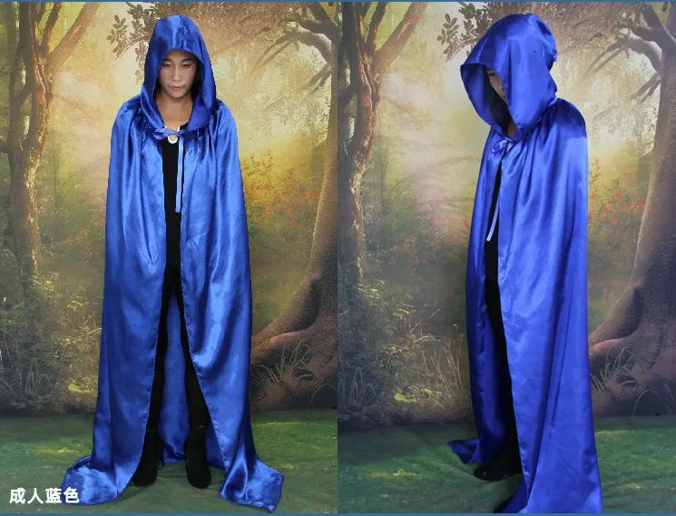 Children adult men boy girl Halloween cosplay satin red purple black witch cape death hoody cloack with hat 60-170cm 7 sizes kid