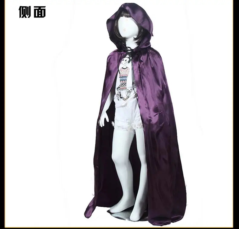 Children adult men boy girl Halloween cosplay satin red purple black witch cape death hoody cloack with hat 60-170cm 7 sizes kid