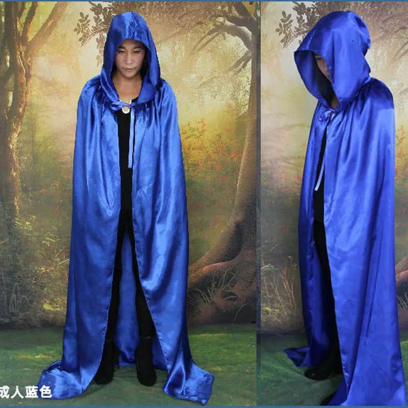 Children adult men boy girl Halloween cosplay satin red purple black witch cape death hoody cloack with hat 60-170cm 7 sizes kid