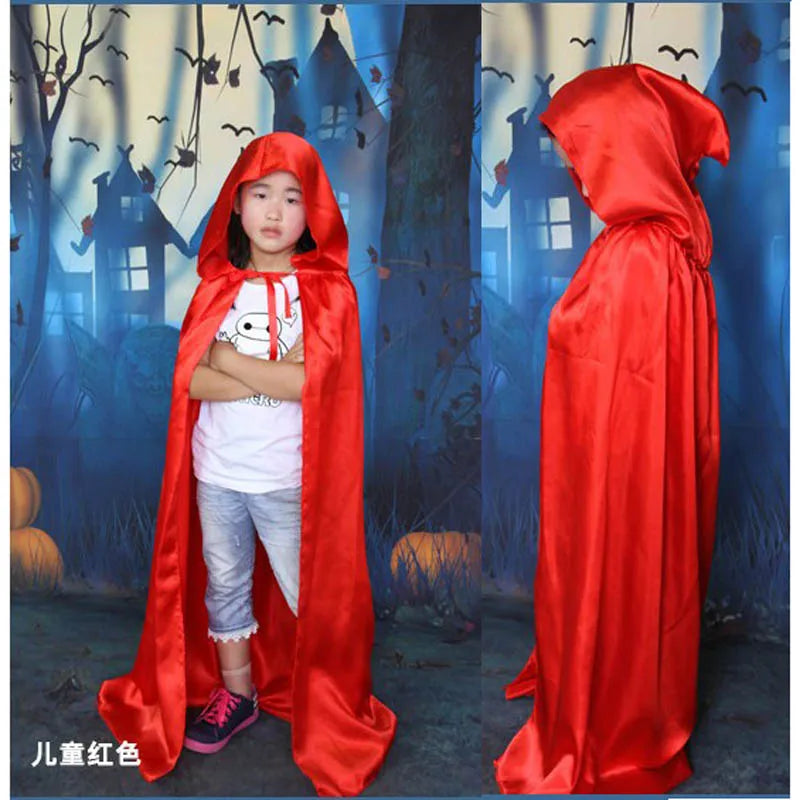 Children adult men boy girl Halloween cosplay satin red purple black witch cape death hoody cloack with hat 60-170cm 7 sizes kid