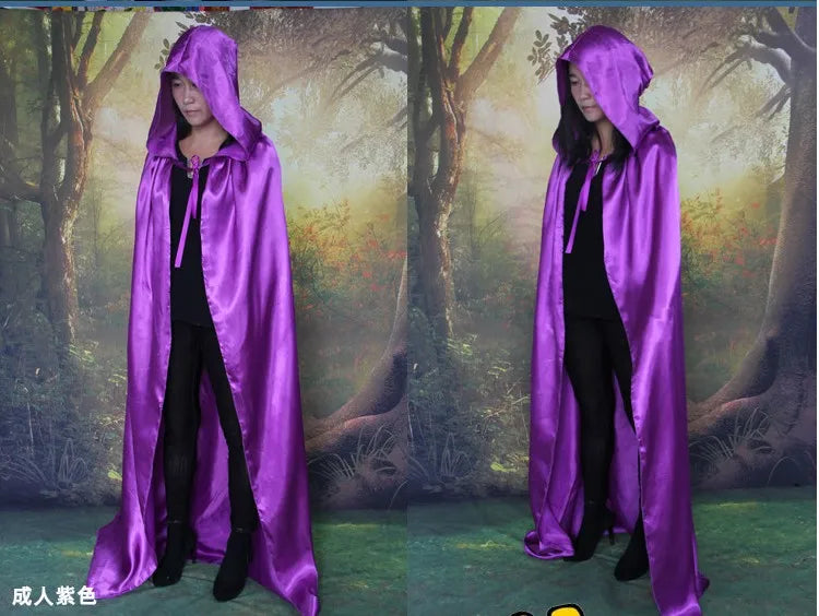 Children adult men boy girl Halloween cosplay satin red purple black witch cape death hoody cloack with hat 60-170cm 7 sizes kid