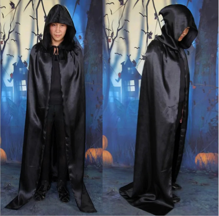 Children adult men boy girl Halloween cosplay satin red purple black witch cape death hoody cloack with hat 60-170cm 7 sizes kid