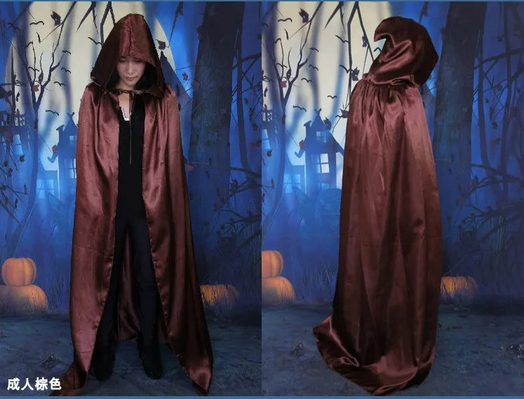 Children adult men boy girl Halloween cosplay satin red purple black witch cape death hoody cloack with hat 60-170cm 7 sizes kid
