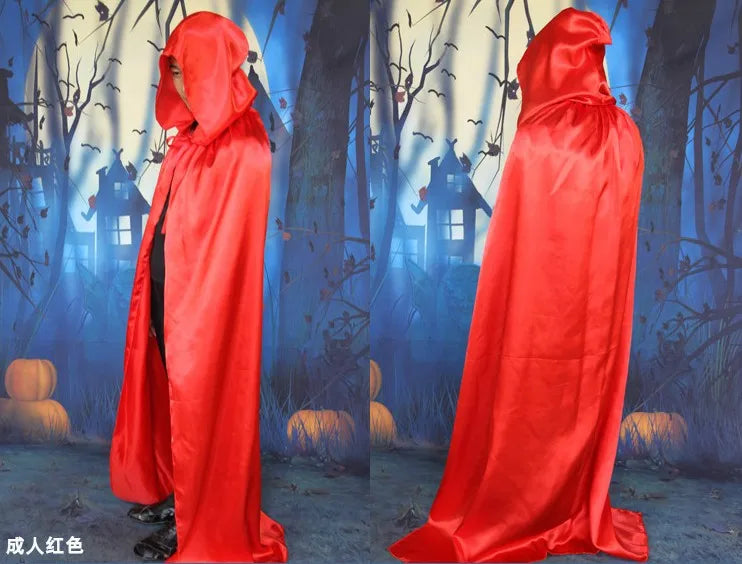 Children adult men boy girl Halloween cosplay satin red purple black witch cape death hoody cloack with hat 60-170cm 7 sizes kid