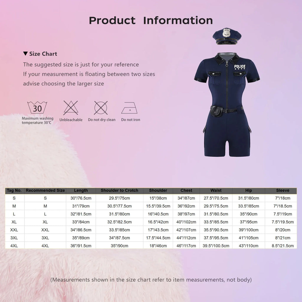 Women Cop Police Uniform Policewoman Cosplay Costume Zipper Short Sleeve Jumpsuit with Belt Purse Hat Halloween Party Clubwear