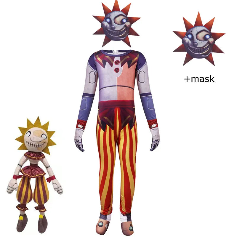 Anime Sundrop FNAF Sun clown Cosplay Clothing Boys Girls Bodysuit With mask Carnival Party Jumpsuit Halloween Costumes for Kids