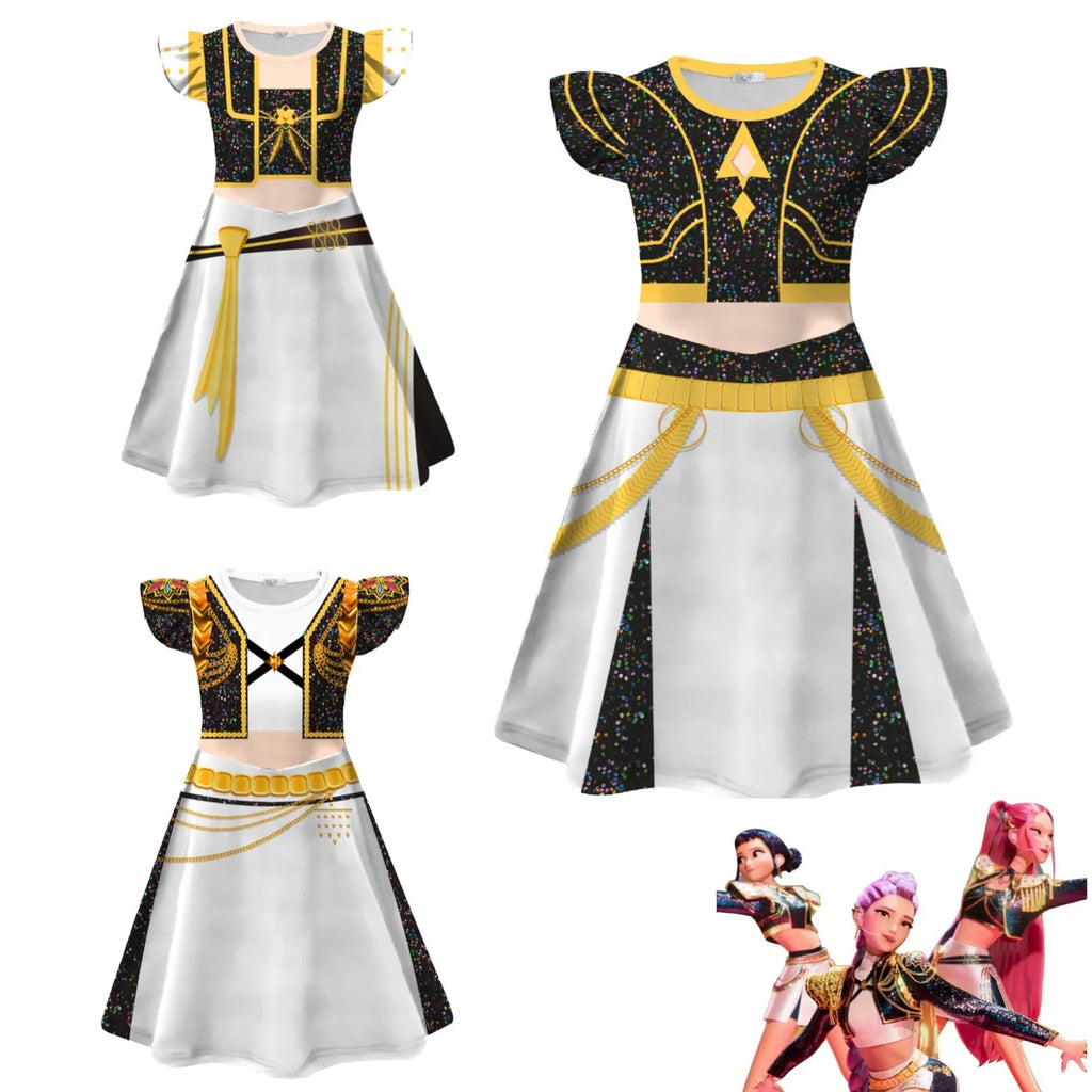 Anime Movie Kpop Rumi Demon Hunter Zoe Dress Up Huntrix Mira Cosplay Flying Sleeve Dress Girls Kids Halloween Party Costume