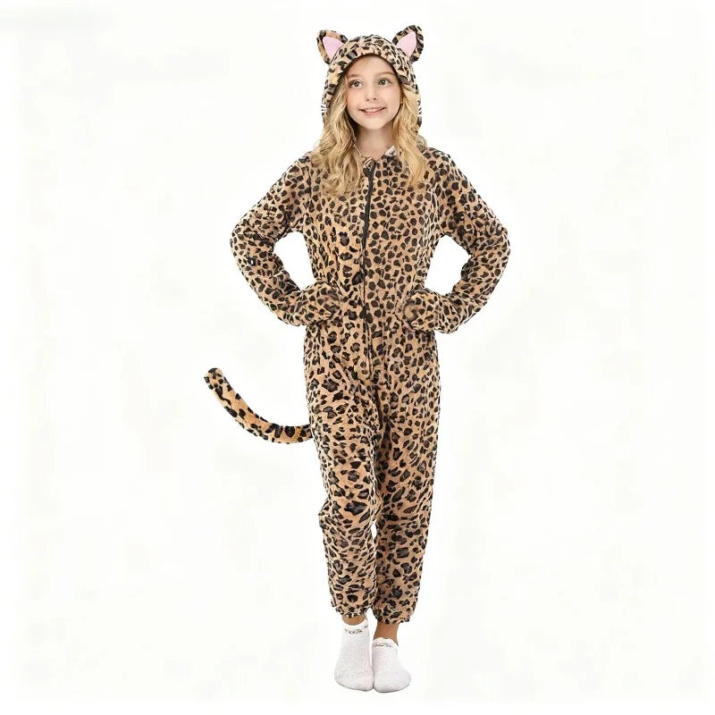 Girls Black Cat Leopard Cat Cosplay Costume Child Anime Pajamas Animal Onesies Kigurumi Christmas Halloween Jumpsuit Party Gift