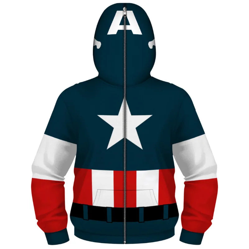 Anime Spiderman /Iron Man Full Zipper Hoodies Cosplay Costume Kids Boys Girls Superhero Cartoon Print Hooded Sweatshirts Outwear