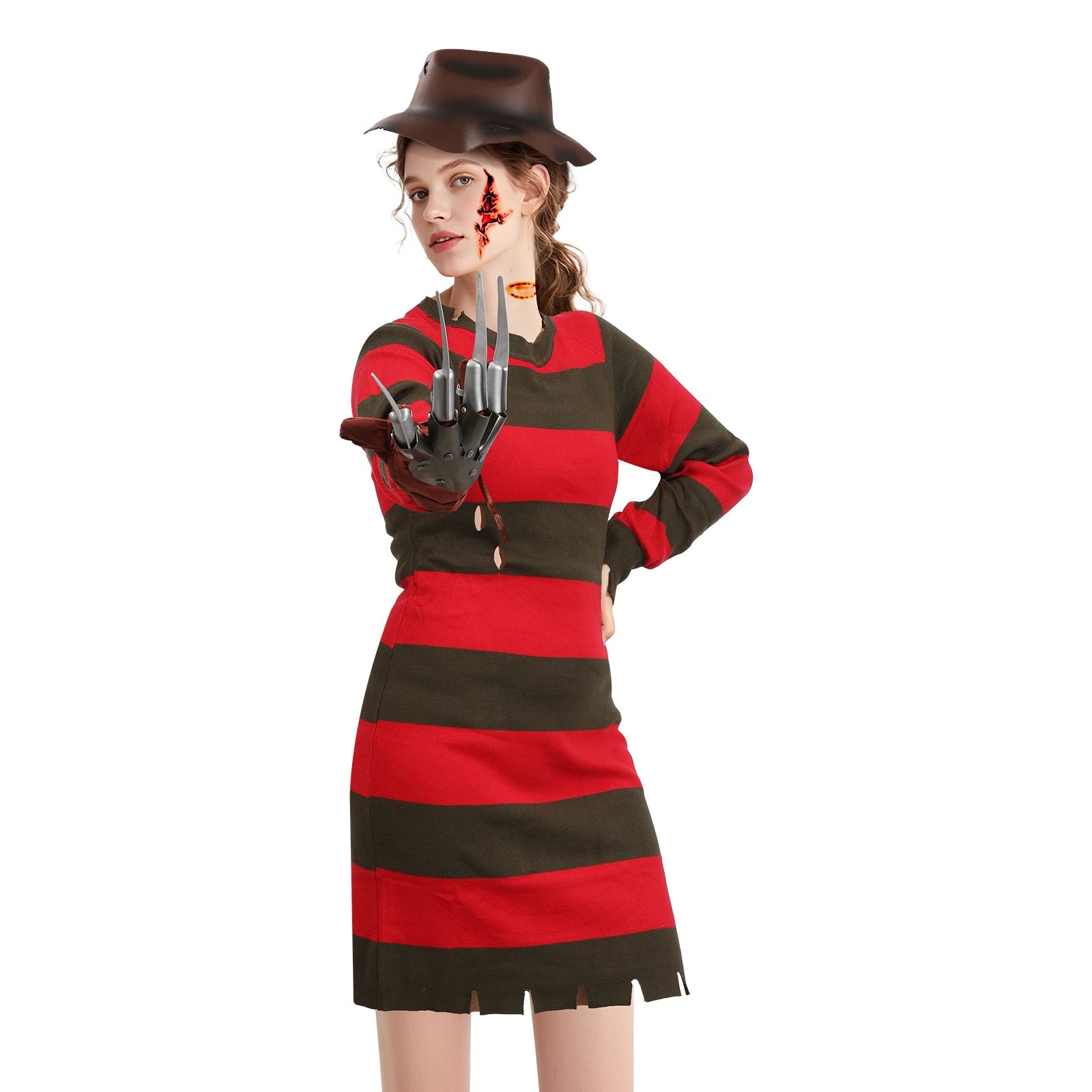 4Pcs Freddy Krueger Costume Women Halloween Nightmare Killer Knitted Dress Hat Gloves Scar Stickers Carnival Costume