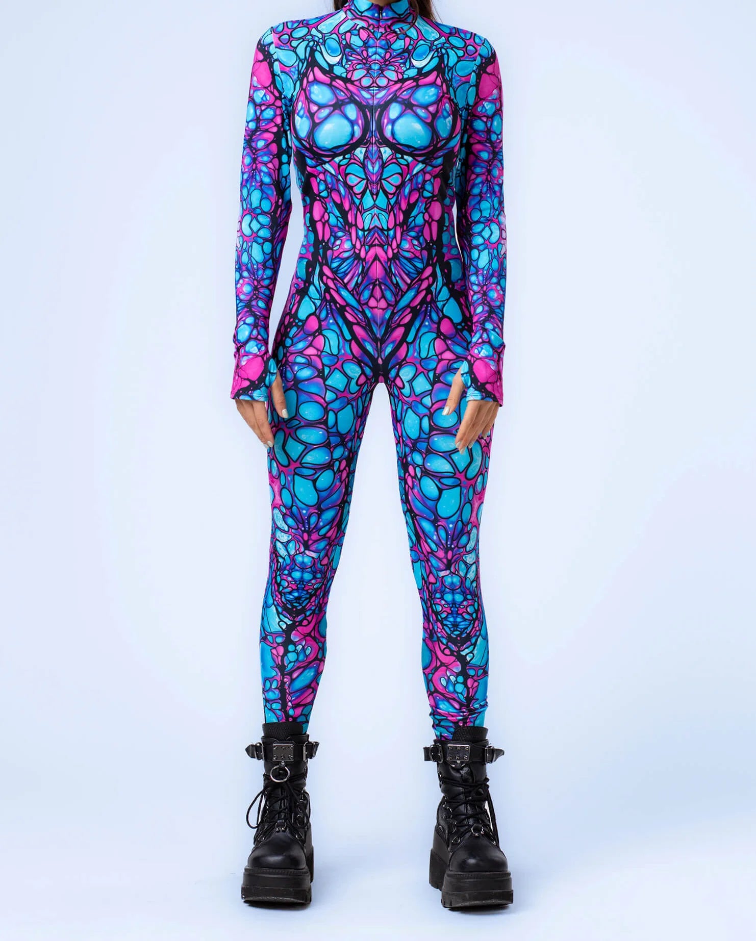 Gothic Cyber Cosplay Punk Jumpsuit Zentai Bodysuit Costume Halloween Party Performance Suit Colorful Print