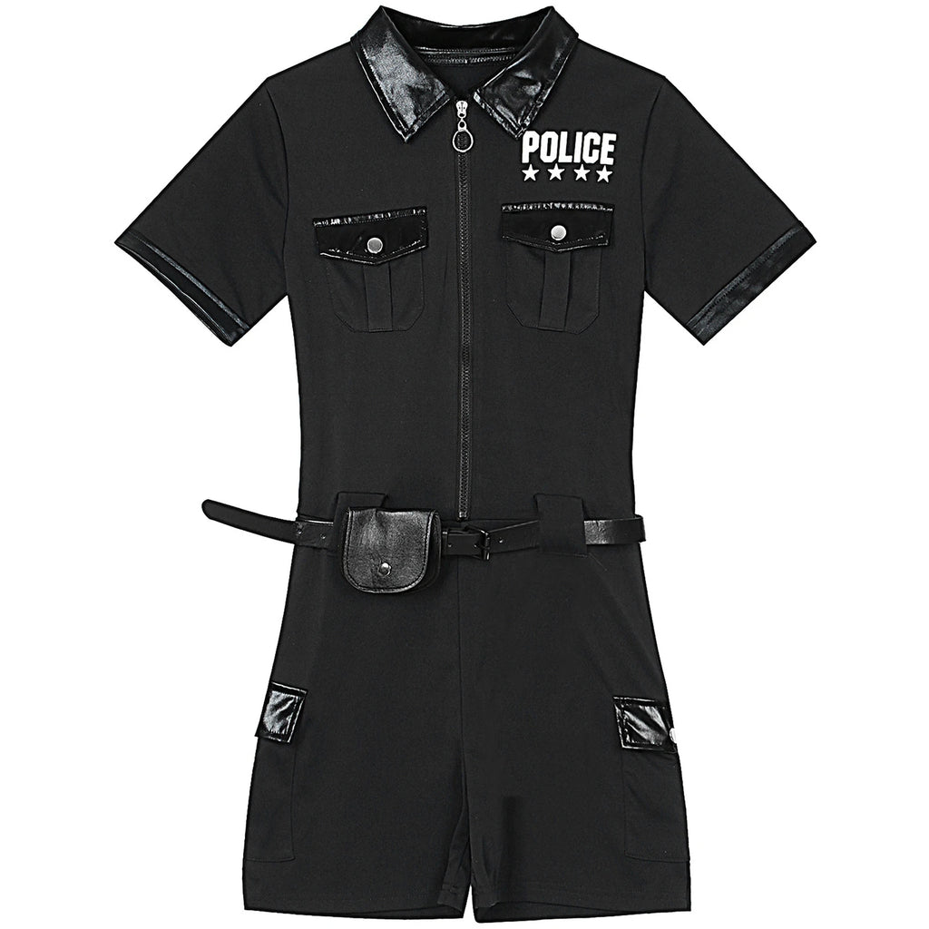 Women Cop Police Uniform Policewoman Cosplay Costume Zipper Short Sleeve Jumpsuit with Belt Purse Hat Halloween Party Clubwear