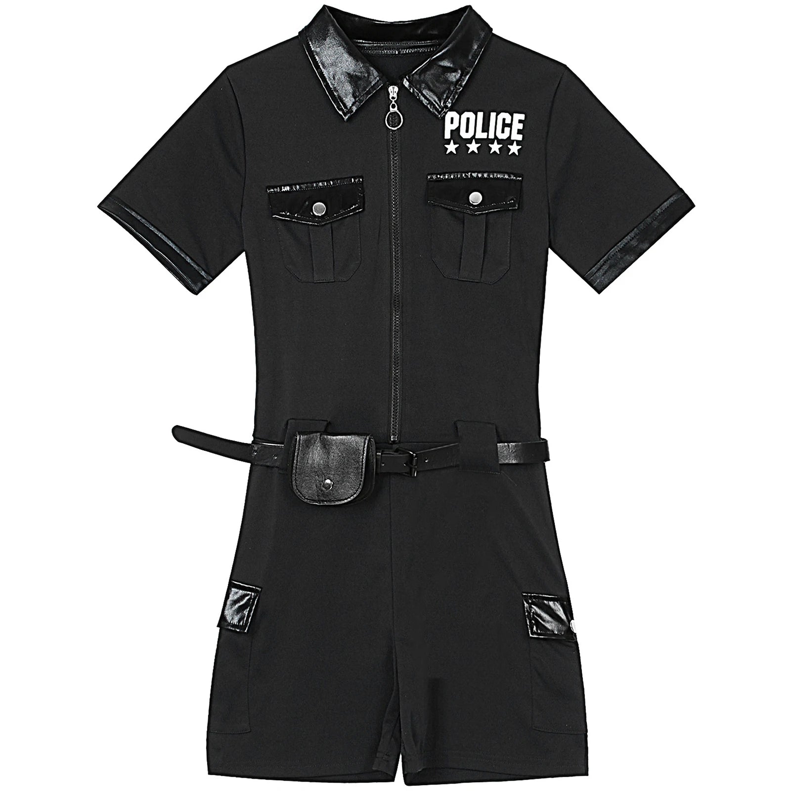 Women Cop Police Uniform Policewoman Cosplay Costume Zipper Short Sleeve Jumpsuit with Belt Purse Hat Halloween Party Clubwear
