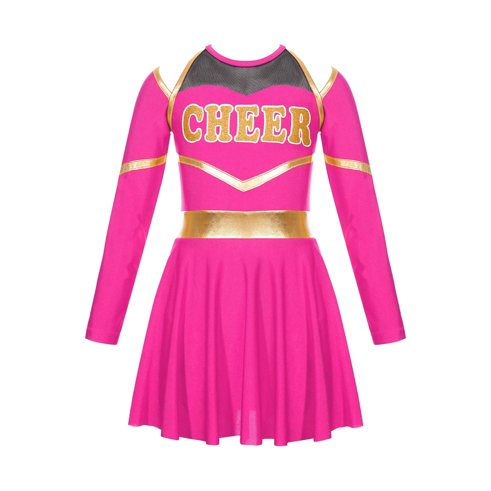 Girl Cheerleading Costumes Dance Uniform Long Sleeves Dance Dress with Hand Flowers Headwear Striped Socks for Stage Performance