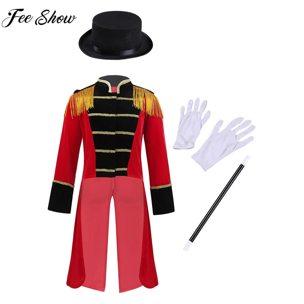 Boys Girls Halloween Circus Ringmaster Cosplay Performance Costume Long Sleeve Tassel Tailcoat with Hat Magic Wand Gloves Set