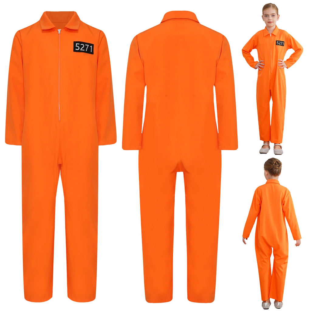 Boys Girls Prisoner Cosplay Costume Halloween Orange Jailbird Inmate Jumpsuit One Piece Full Body Suit Prison Overalls Uniform