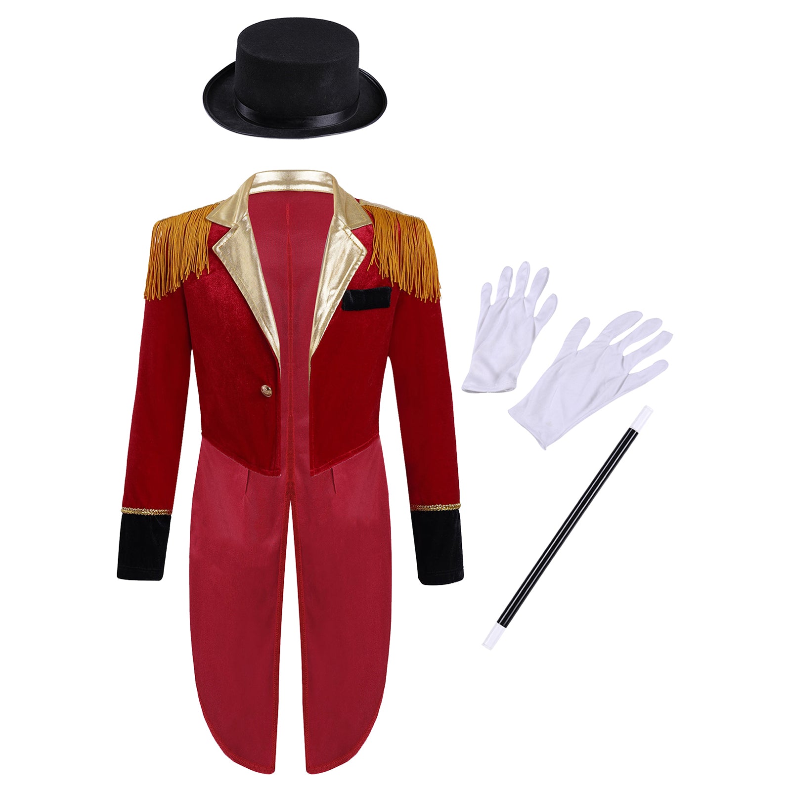 Boys Girls Halloween Circus Ringmaster Cosplay Performance Costume Long Sleeve Tassel Tailcoat with Hat Magic Wand Gloves Set