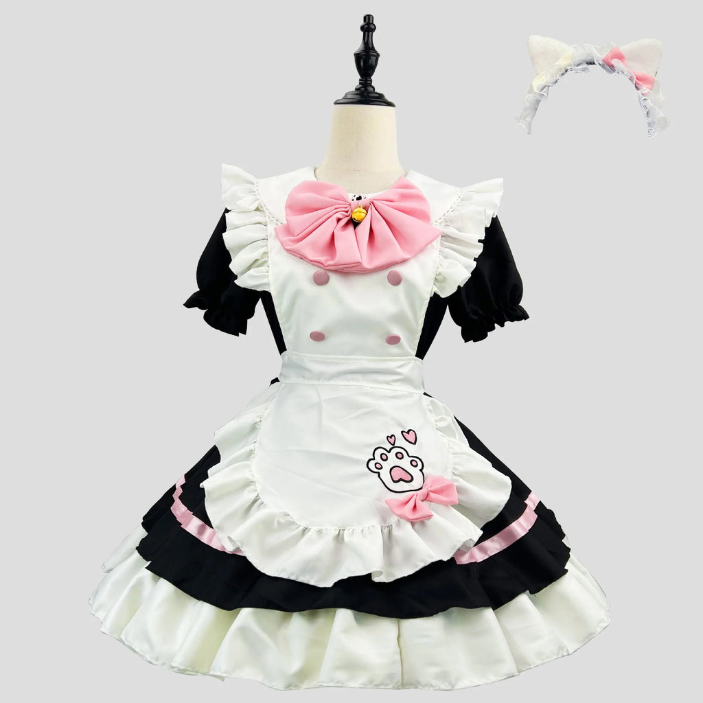 Color Cosplayer Cat Maid Dress Pink Bow Lolita Dress Halloween Party Cosplay Costume Anime Role Disguise Carnival Adult Clothing