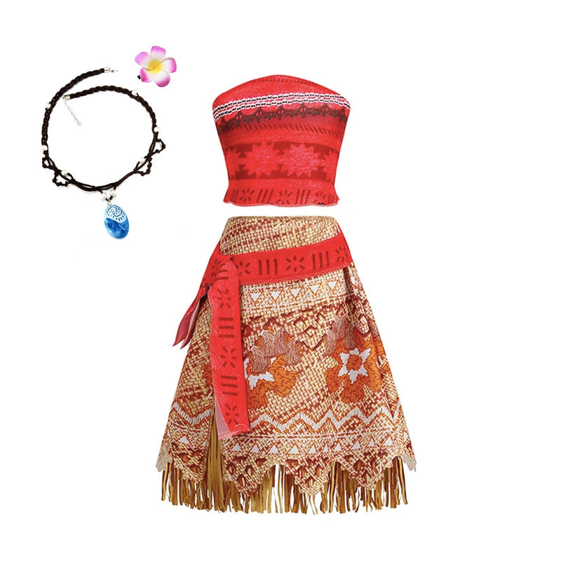Disney Moana Dress for Kids Girls Princess Vaiana Cosplay Carnival Children Birthday Party Headwear Necklace Pet Pig Chicken Set