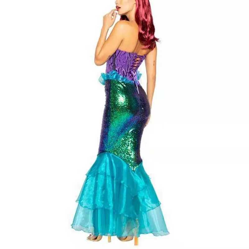 Anime Sexy Mermaid Ariel Princess Costumes Adult Women Halloween Mermaid Masquerade Uniforms Dress Up Fancy Sequins Ruffle Dress