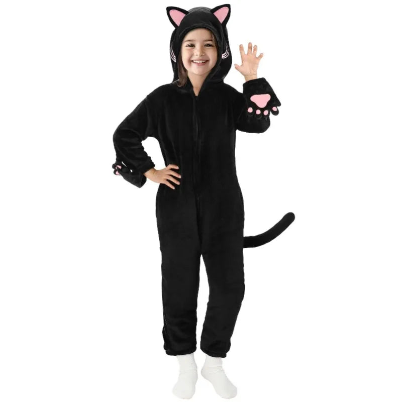 Girls Black Cat Leopard Cat Cosplay Costume Child Anime Pajamas Animal Onesies Kigurumi Christmas Halloween Jumpsuit Party Gift