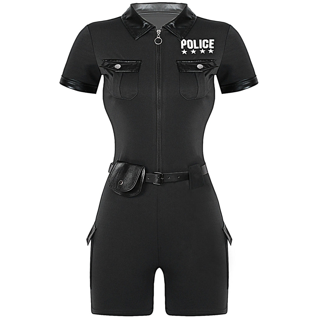 Women Cop Police Uniform Policewoman Cosplay Costume Zipper Short Sleeve Jumpsuit with Belt Purse Hat Halloween Party Clubwear