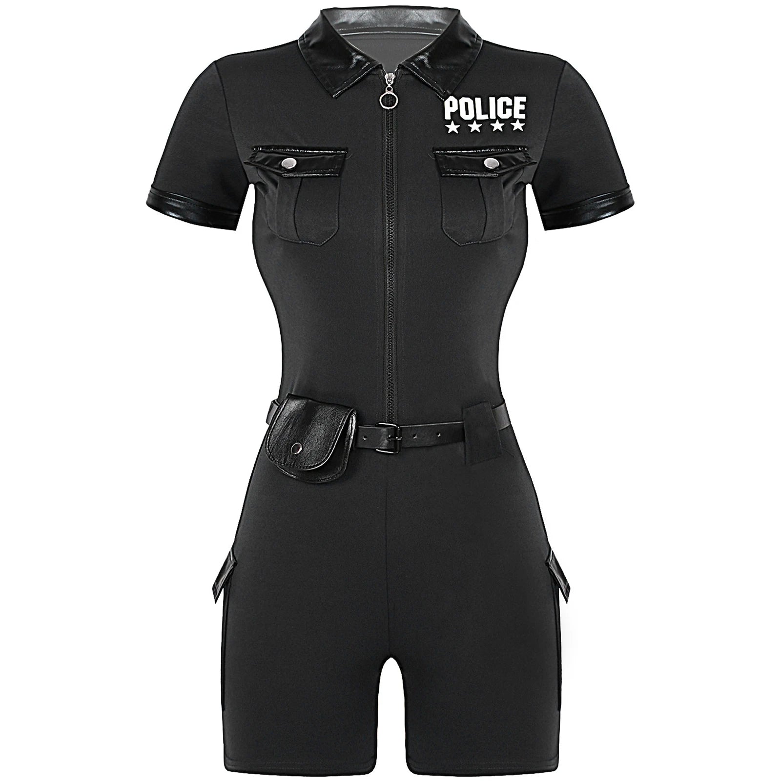 Women Cop Police Uniform Policewoman Cosplay Costume Zipper Short Sleeve Jumpsuit with Belt Purse Hat Halloween Party Clubwear