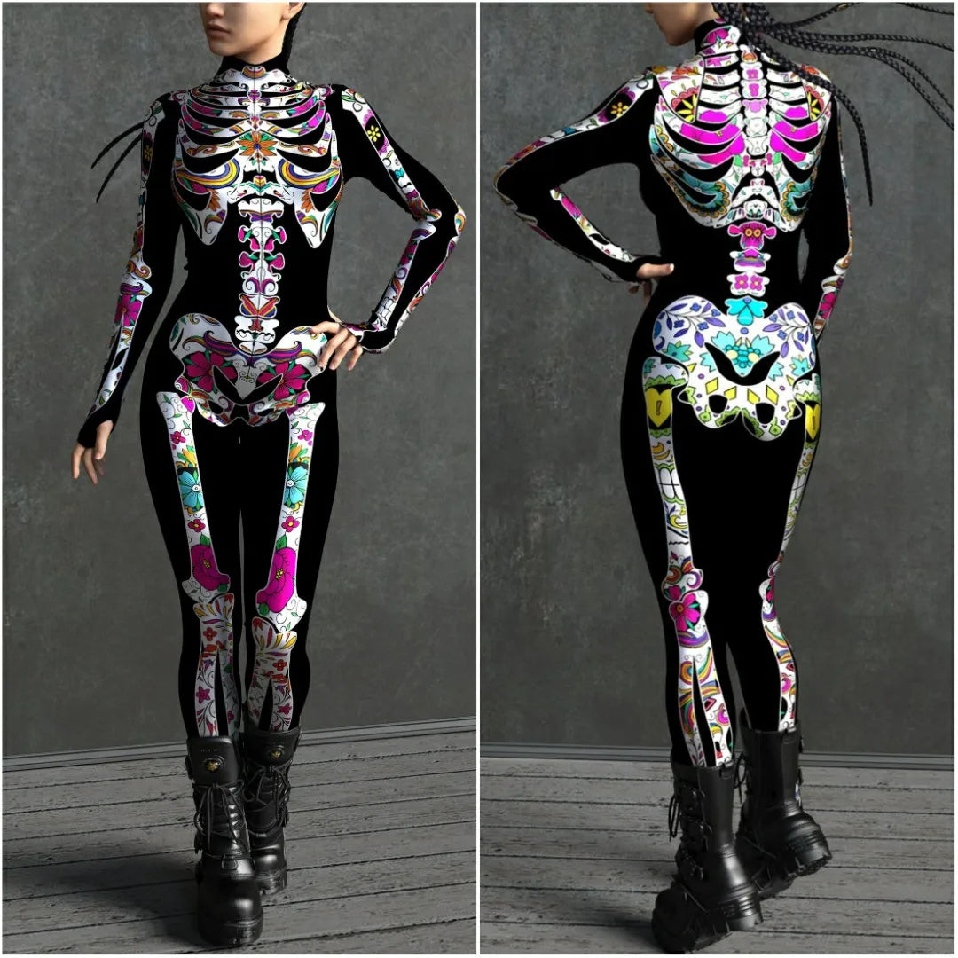 Adult Sexy Women Scary Ghost Skull Bone Costume Rose Skeleton Onesie Printed Bodysuit Devil Jumpsuit Halloween Clothing Zentai