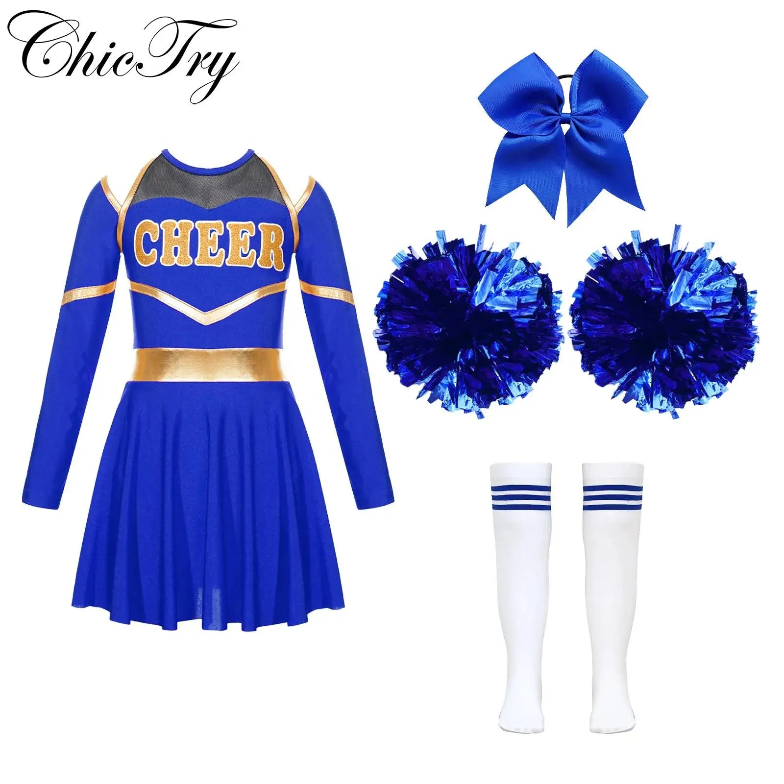 Girl Cheerleading Costumes Dance Uniform Long Sleeves Dance Dress with Hand Flowers Headwear Striped Socks for Stage Performance