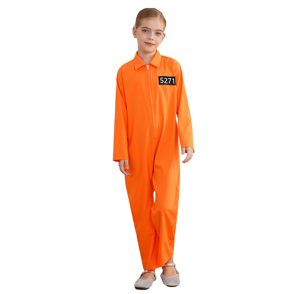 Boys Girls Prisoner Cosplay Costume Halloween Orange Jailbird Inmate Jumpsuit One Piece Full Body Suit Prison Overalls Uniform