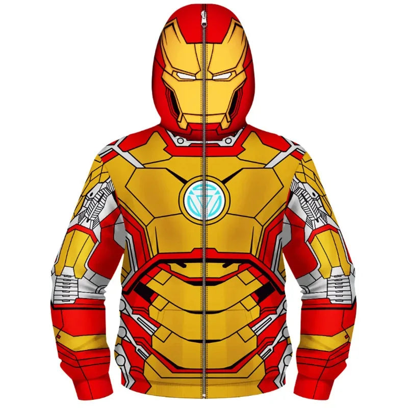 Anime Spiderman /Iron Man Full Zipper Hoodies Cosplay Costume Kids Boys Girls Superhero Cartoon Print Hooded Sweatshirts Outwear