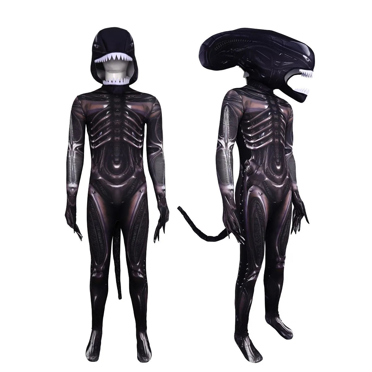 Adult Alien Xenomorph Costume Sci-Fi Movie Monster Halloween Space Monster Costume for Kids Cosplay Party Jumpsuit Dress Up Set