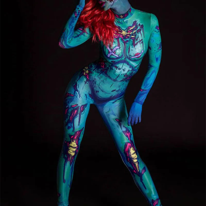 Adult Sexy Women Scary Ghost Skull Bone Costume Rose Skeleton Onesie Printed Bodysuit Devil Jumpsuit Halloween Clothing Zentai