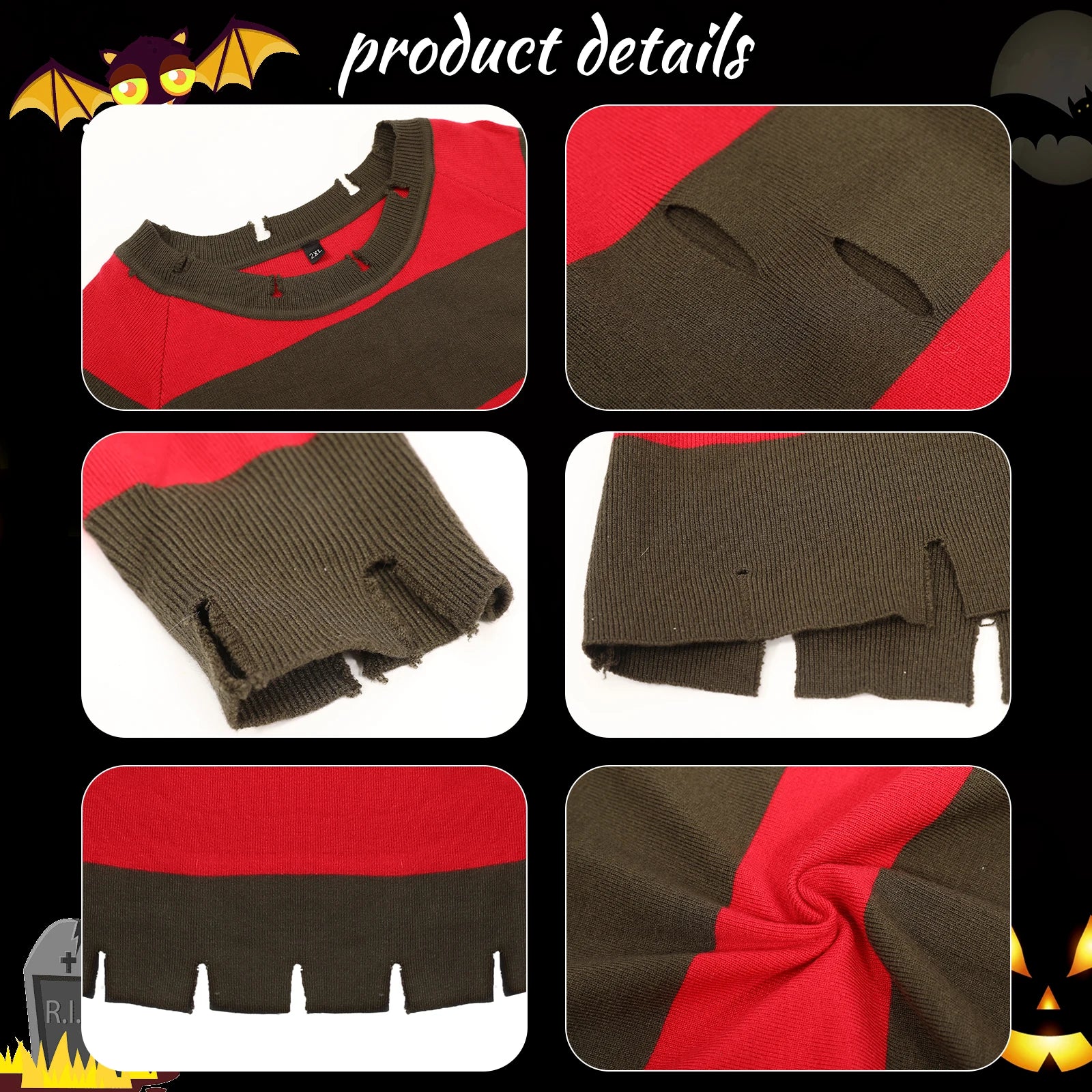 4Pcs Freddy Krueger Costume Women Halloween Nightmare Killer Knitted Dress Hat Gloves Scar Stickers Carnival Costume