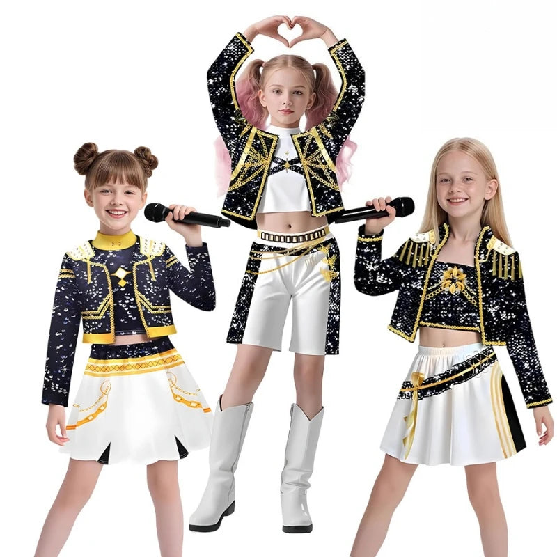 2025 KPop Demon Hunters Cosplay Rumi Zoey Mira Costume Wig Women Black Golden Cool Suit Halloween Party Role Playing Outfit