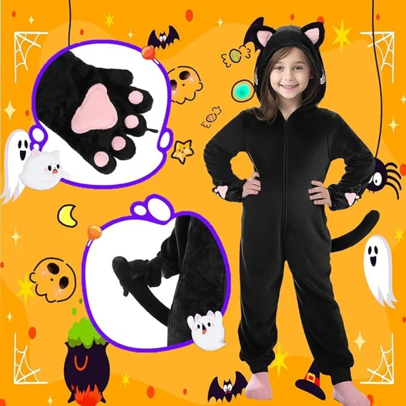 Girls Black Cat Leopard Cat Cosplay Costume Child Anime Pajamas Animal Onesies Kigurumi Christmas Halloween Jumpsuit Party Gift
