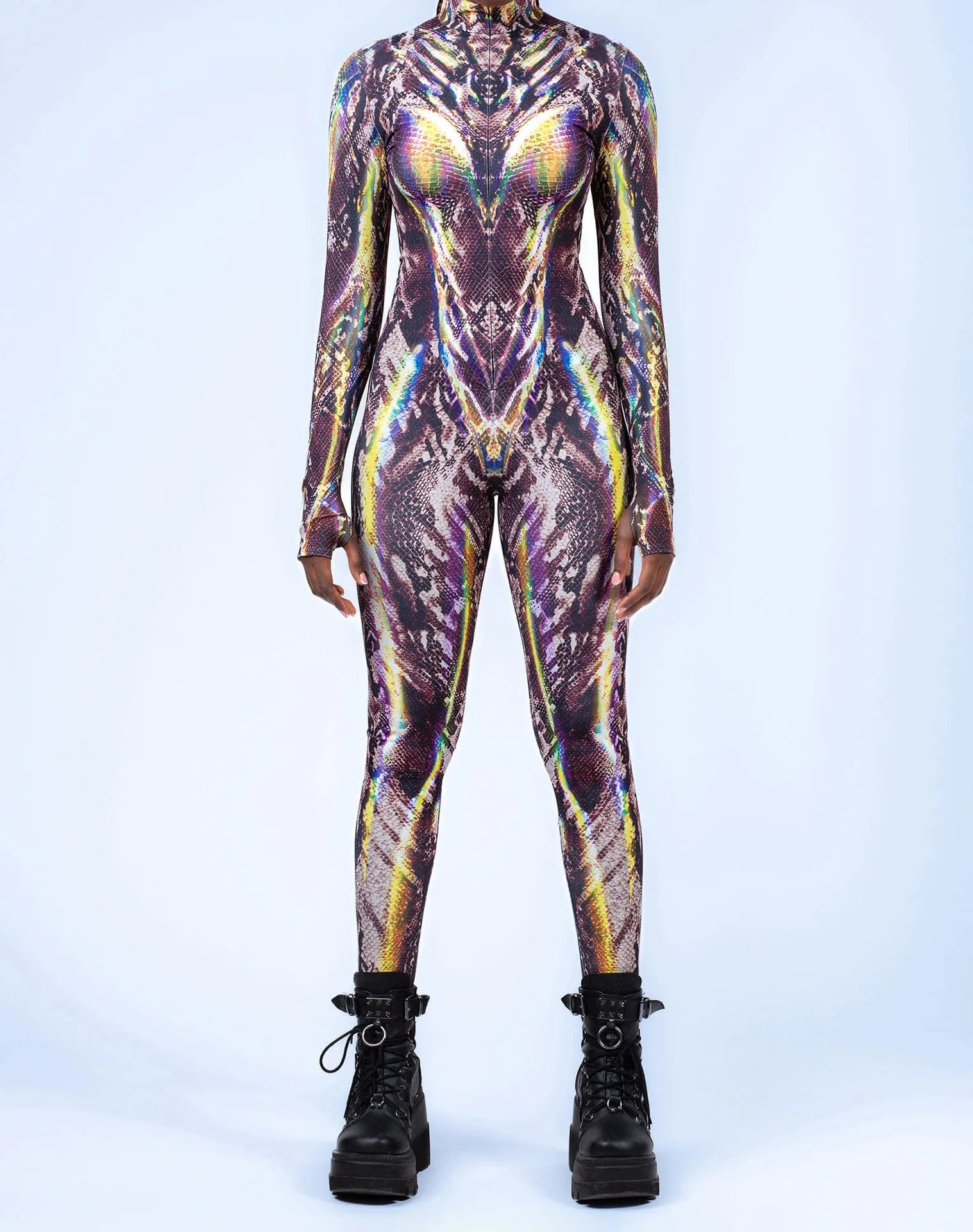 Gothic Cyber Cosplay Punk Jumpsuit Zentai Bodysuit Costume Halloween Party Performance Suit Colorful Print