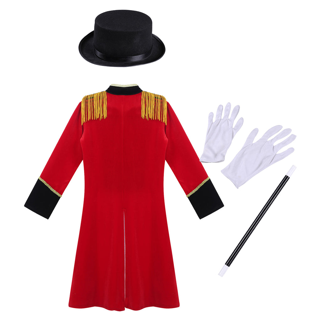 Boys Girls Halloween Circus Ringmaster Cosplay Performance Costume Long Sleeve Tassel Tailcoat with Hat Magic Wand Gloves Set
