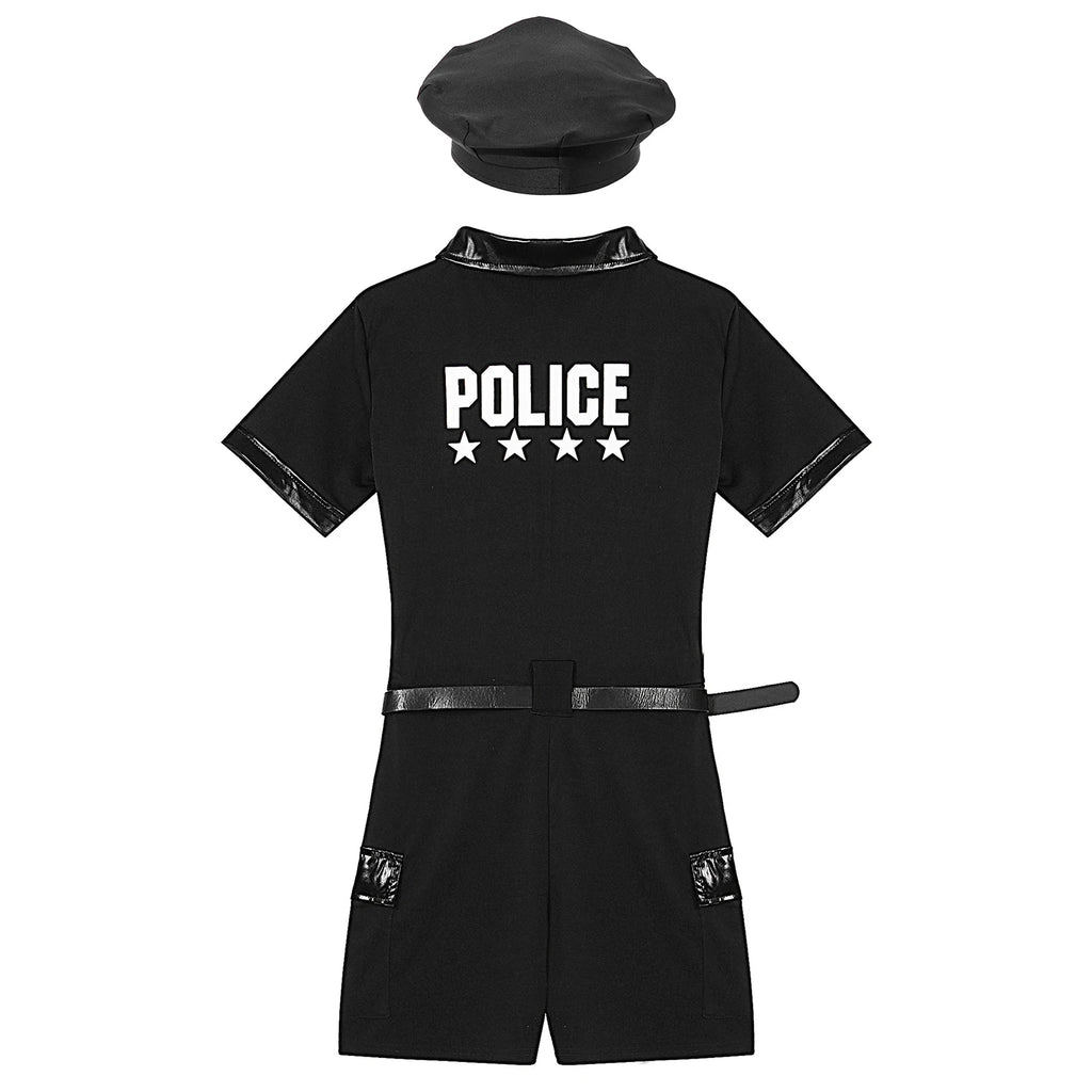 Women Cop Police Uniform Policewoman Cosplay Costume Zipper Short Sleeve Jumpsuit with Belt Purse Hat Halloween Party Clubwear