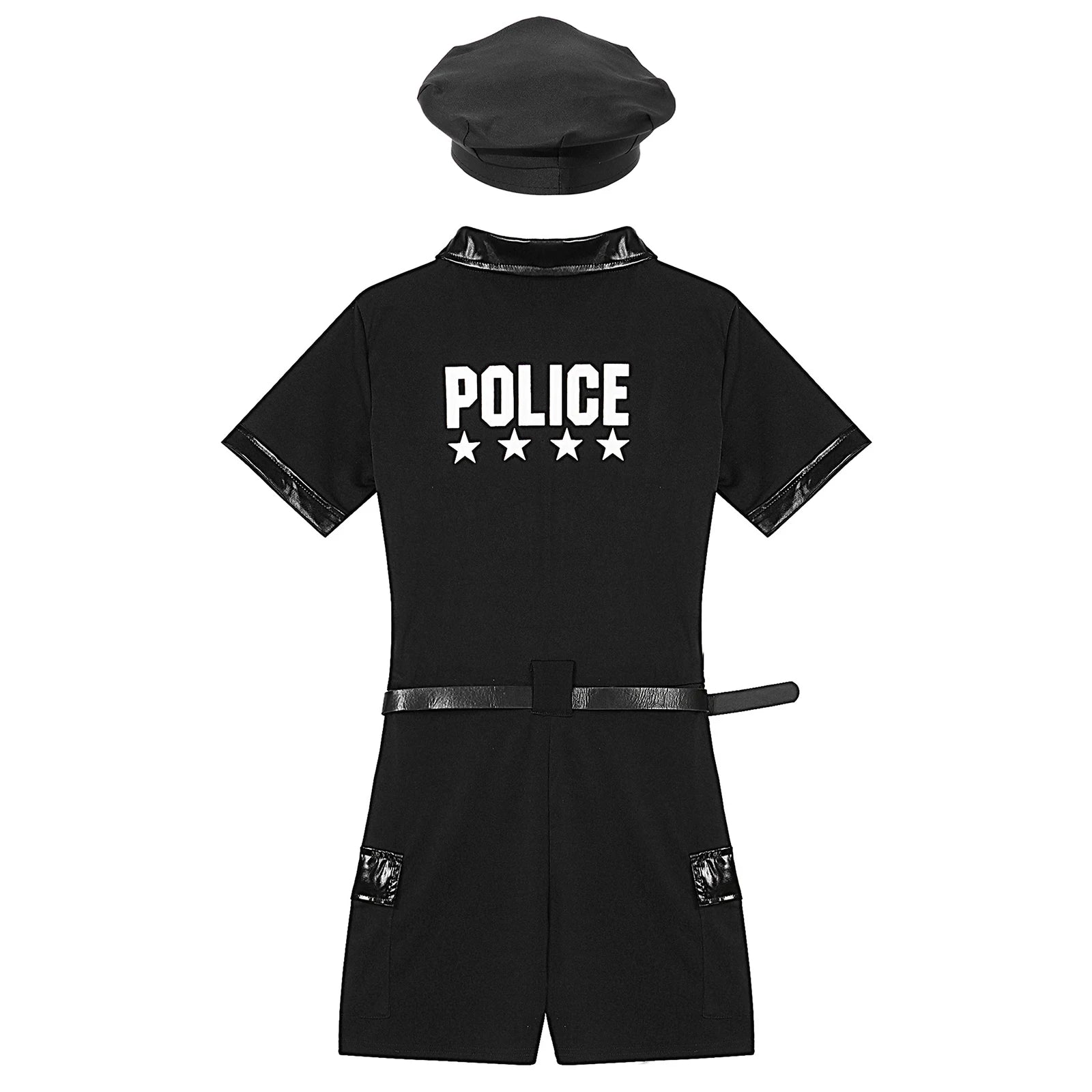 Women Cop Police Uniform Policewoman Cosplay Costume Zipper Short Sleeve Jumpsuit with Belt Purse Hat Halloween Party Clubwear