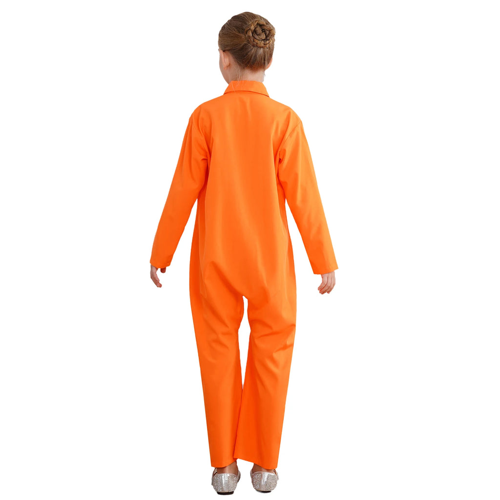 Boys Girls Prisoner Cosplay Costume Halloween Orange Jailbird Inmate Jumpsuit One Piece Full Body Suit Prison Overalls Uniform