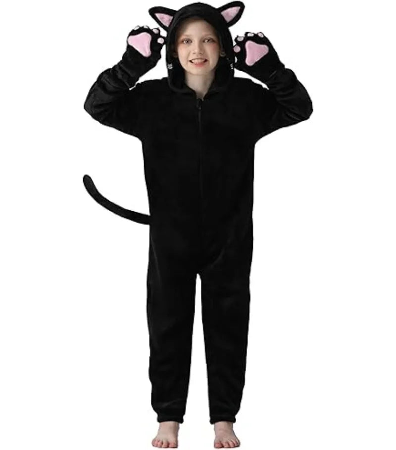 Girls Black Cat Leopard Cat Cosplay Costume Child Anime Pajamas Animal Onesies Kigurumi Christmas Halloween Jumpsuit Party Gift