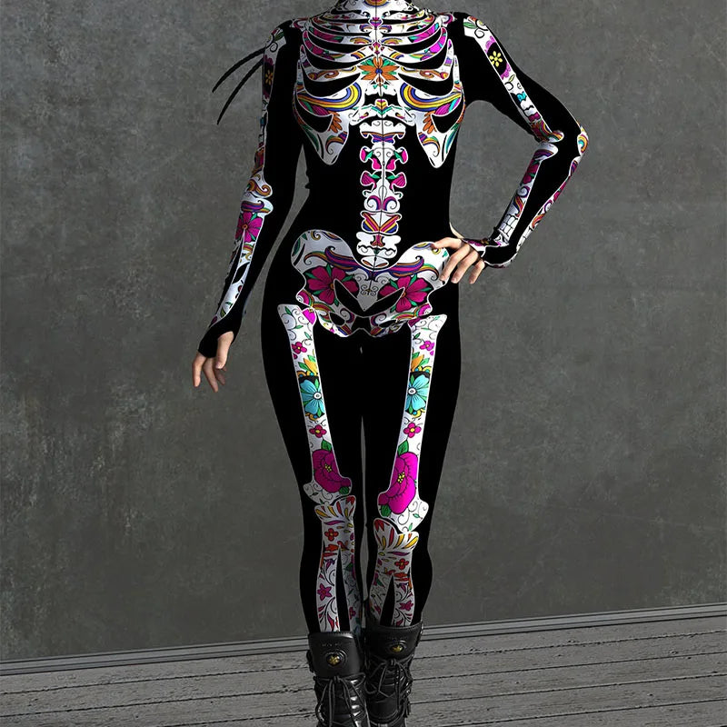 Adult Sexy Women Scary Ghost Skull Bone Costume Rose Skeleton Onesie Printed Bodysuit Devil Jumpsuit Halloween Clothing Zentai
