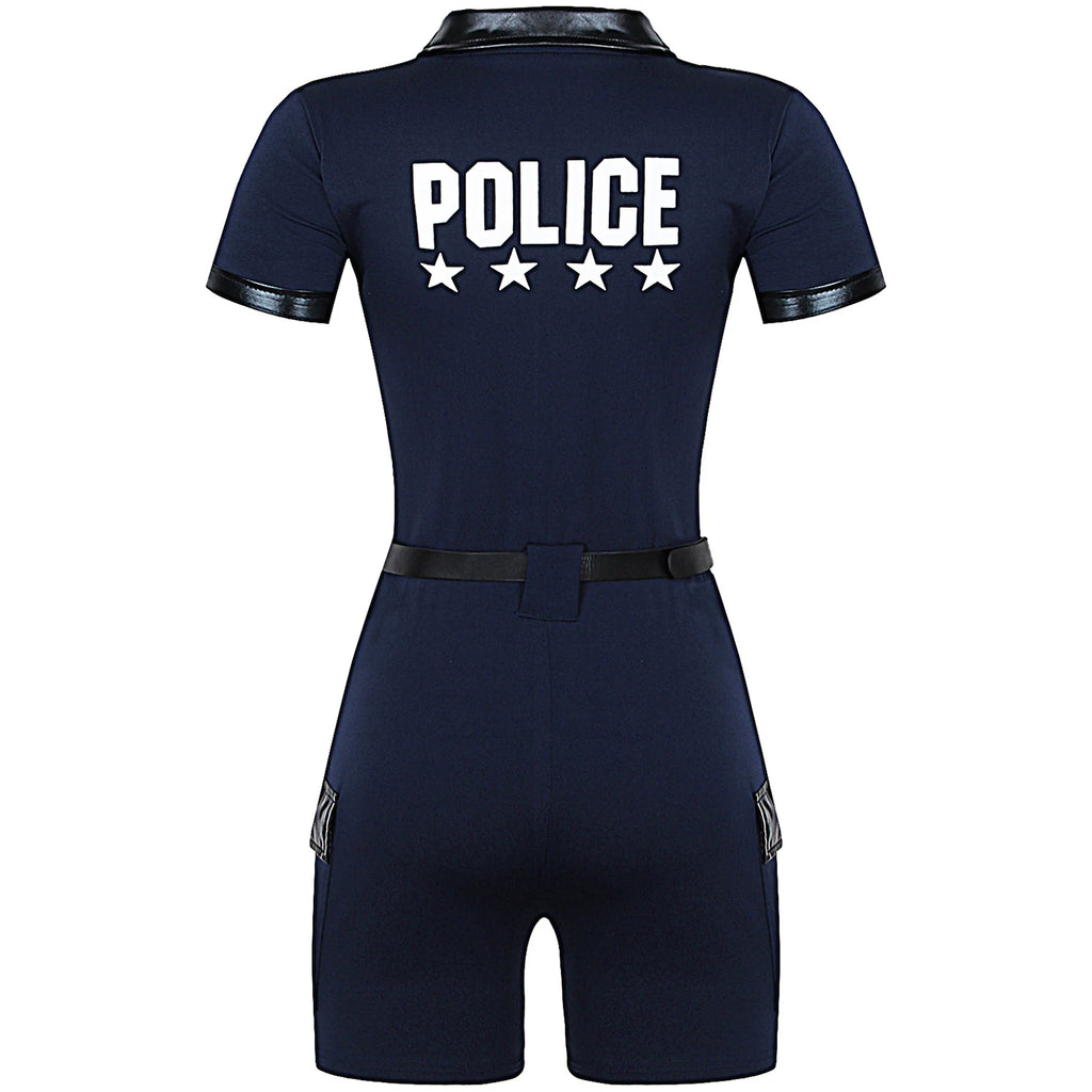 Women Cop Police Uniform Policewoman Cosplay Costume Zipper Short Sleeve Jumpsuit with Belt Purse Hat Halloween Party Clubwear