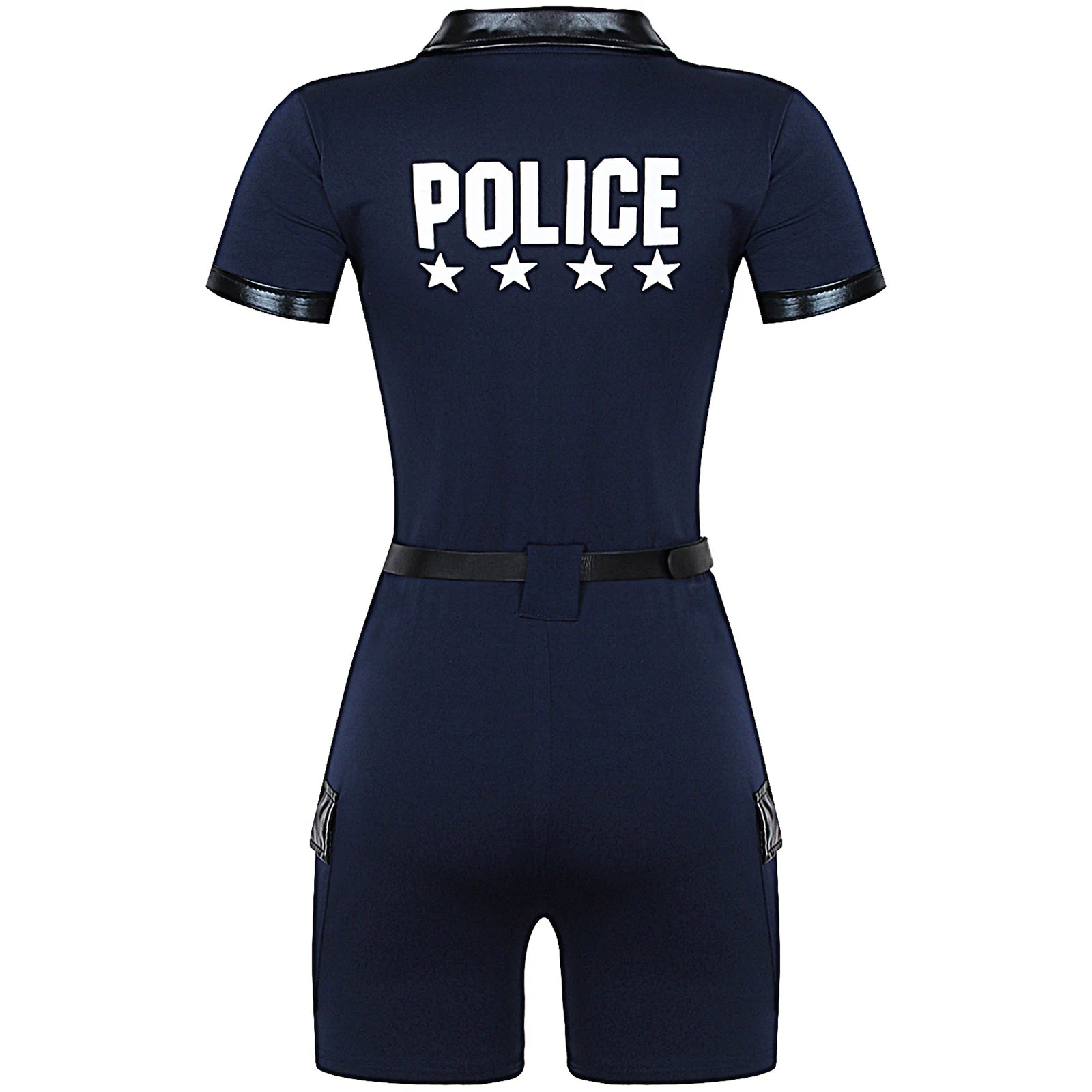 Women Cop Police Uniform Policewoman Cosplay Costume Zipper Short Sleeve Jumpsuit with Belt Purse Hat Halloween Party Clubwear
