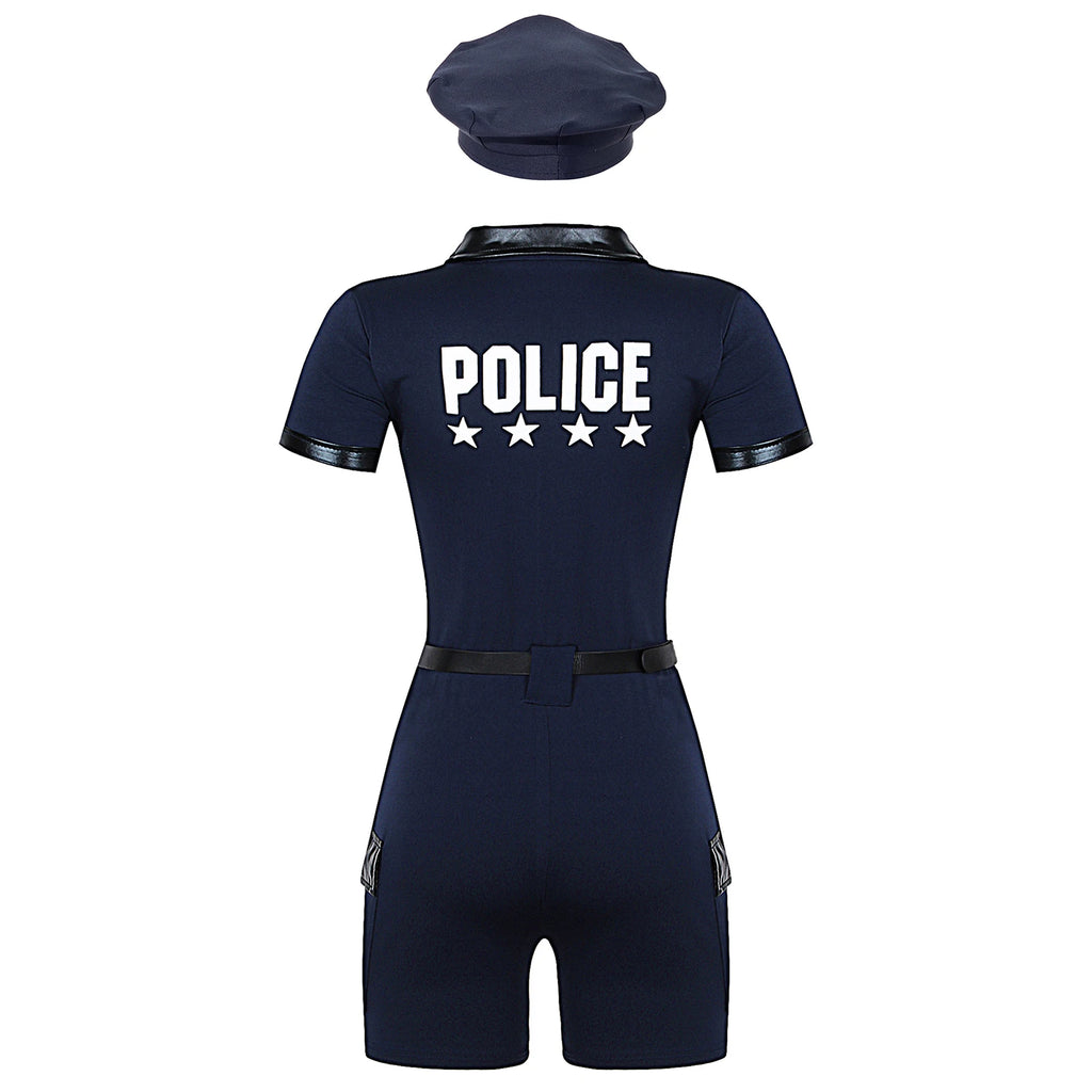 Women Cop Police Uniform Policewoman Cosplay Costume Zipper Short Sleeve Jumpsuit with Belt Purse Hat Halloween Party Clubwear