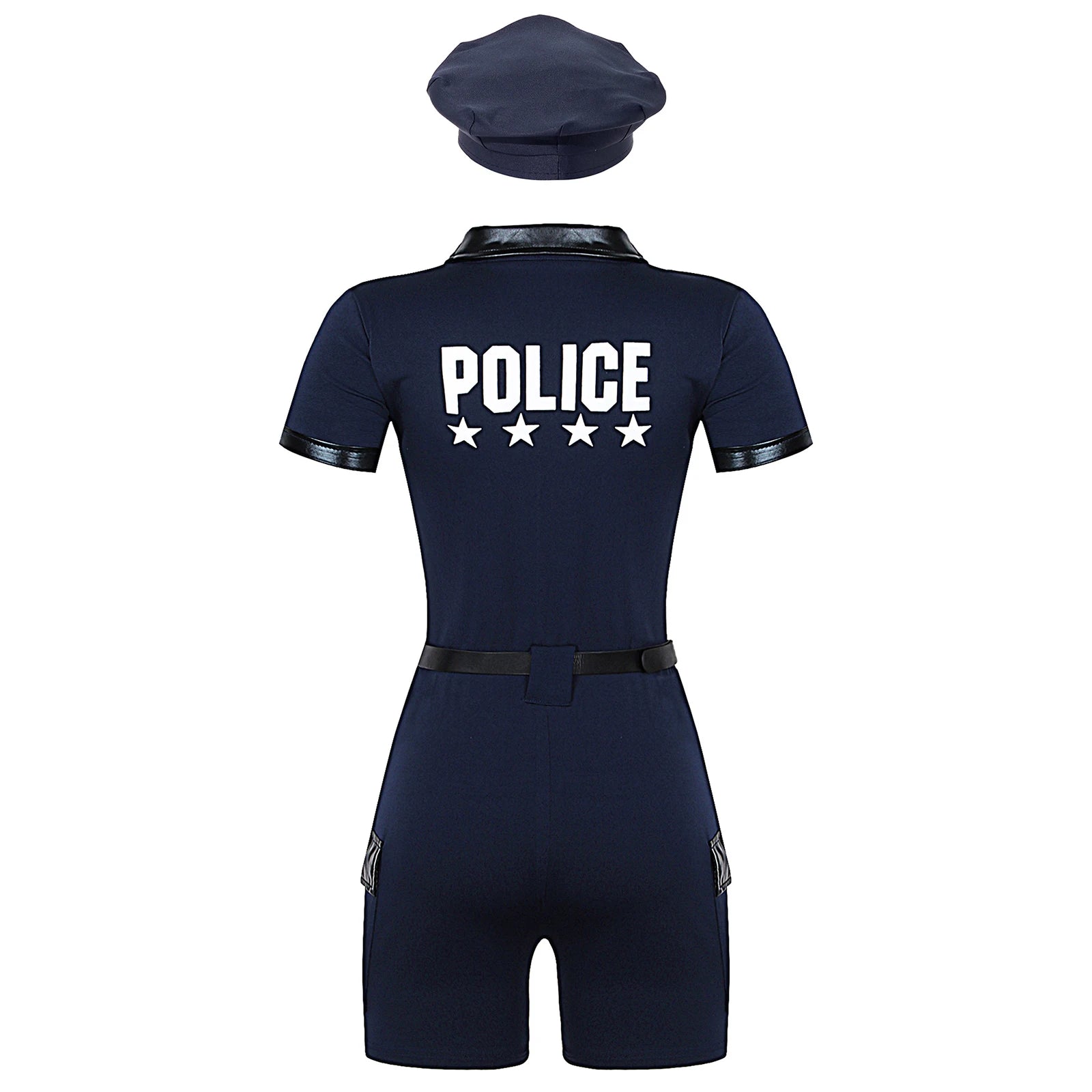 Women Cop Police Uniform Policewoman Cosplay Costume Zipper Short Sleeve Jumpsuit with Belt Purse Hat Halloween Party Clubwear