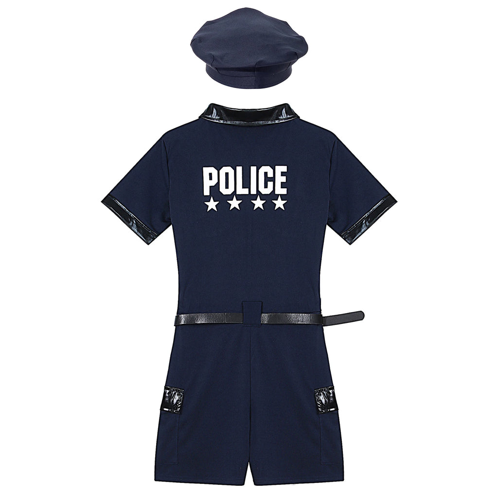 Women Cop Police Uniform Policewoman Cosplay Costume Zipper Short Sleeve Jumpsuit with Belt Purse Hat Halloween Party Clubwear