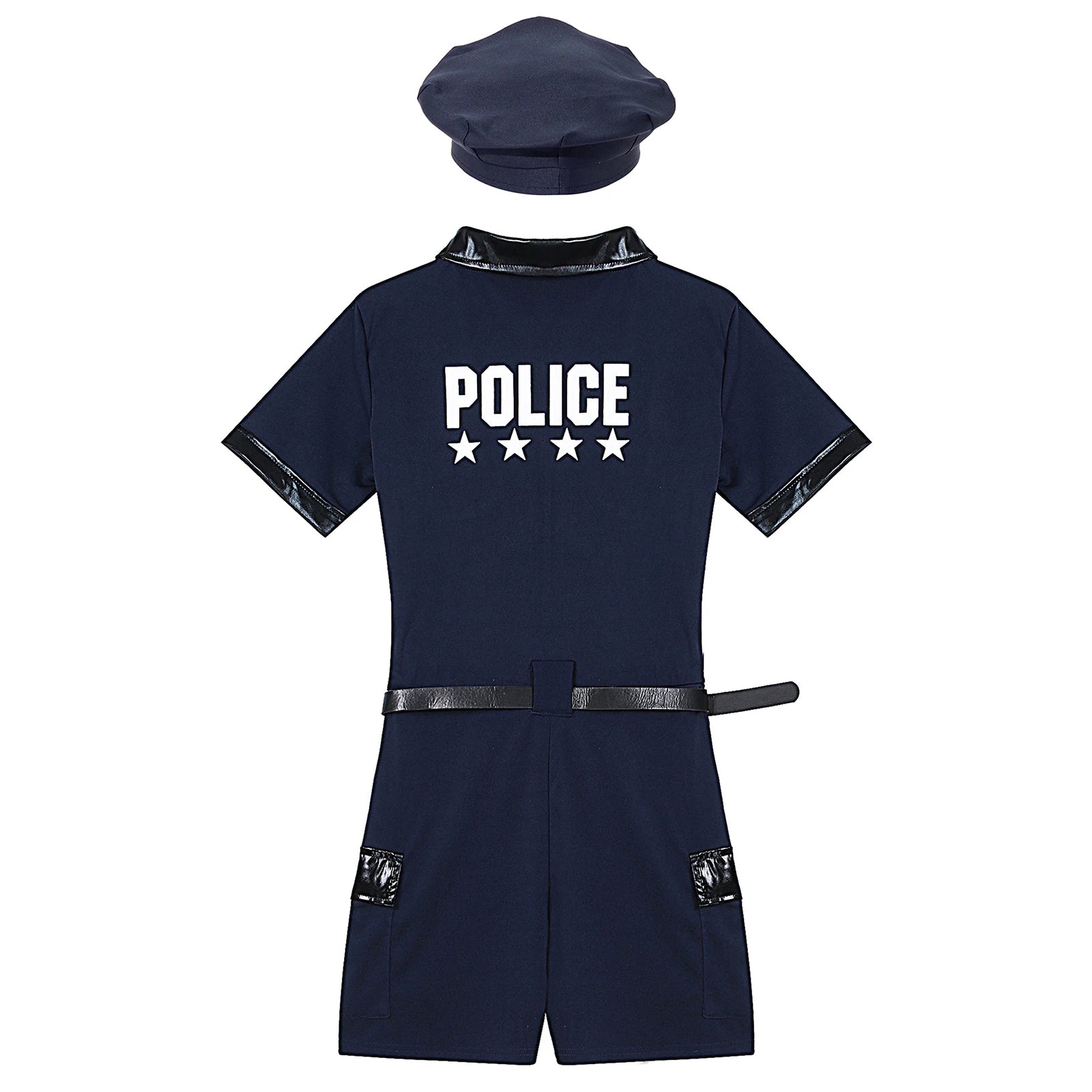 Women Cop Police Uniform Policewoman Cosplay Costume Zipper Short Sleeve Jumpsuit with Belt Purse Hat Halloween Party Clubwear